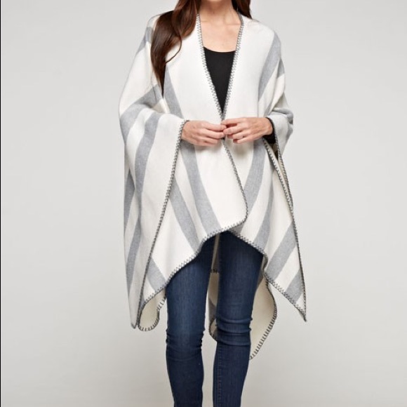 Cream Striped Blanket Stitch Oversized Poncho - Picture 5 of 7